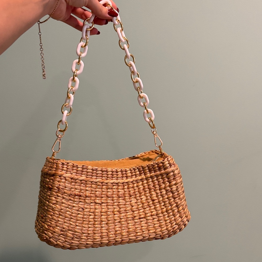 Hand Made Straw Woven Bag with White Chain Strap